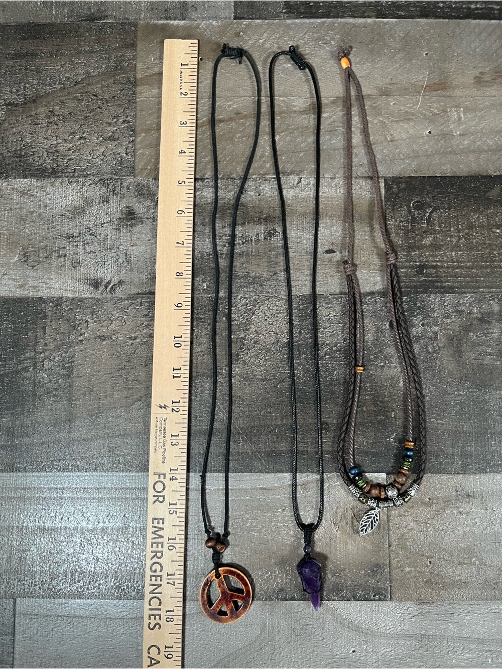 Set of 3 Boho Style Necklaces Peace Sign, Purple Crystal & 2 Tier Beaded Leaf - Picture 5 of 6
